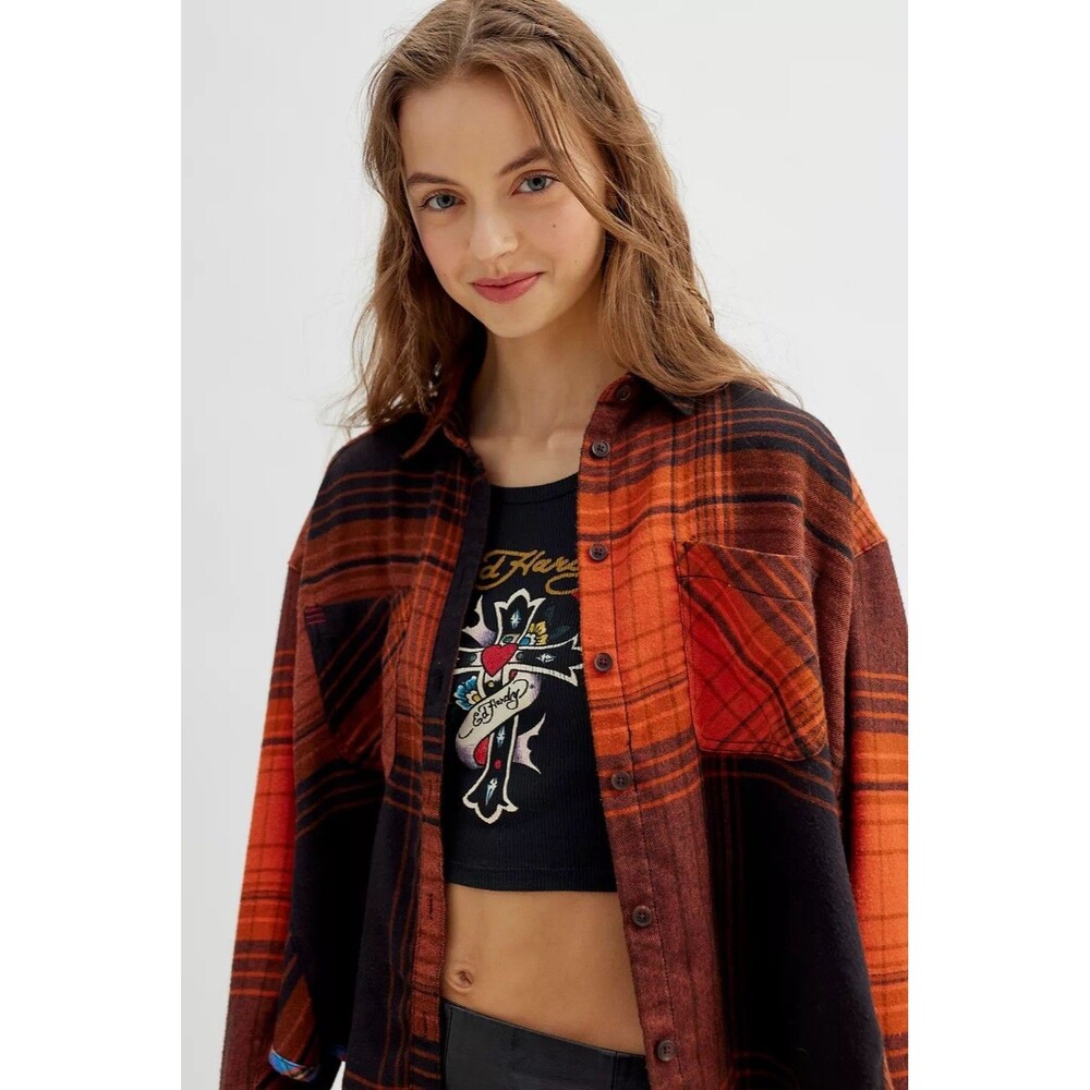 BDG Womens Karl Slouchy Flannel Shirt Orange Brown Plaid Patchwork Medium M